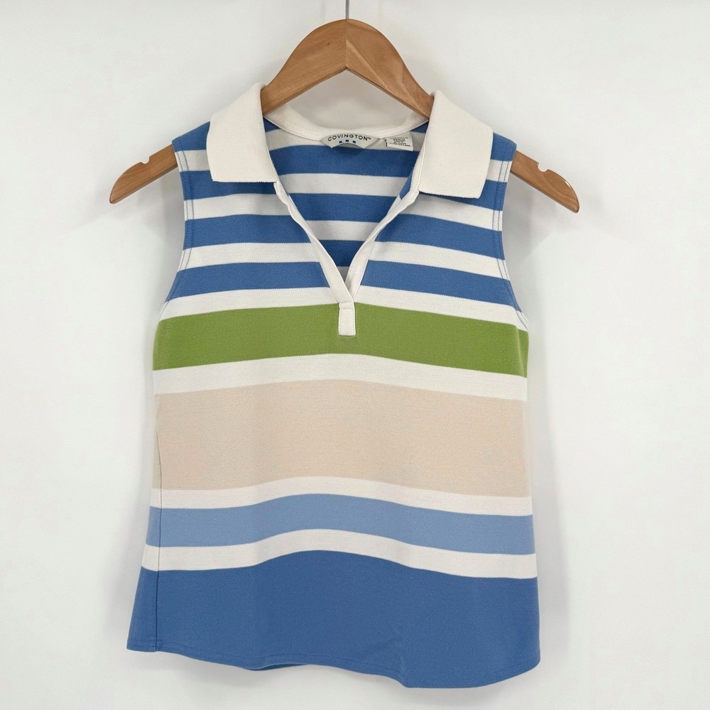 Covington Y2K Blue/Green/Tan Striped Collared Neckline Tank Top Women's‎ S